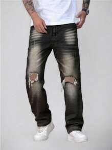 Men's Black Ripped Denim Jeans, All-Season Wear - Black - View 3
