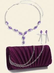 Glitter Women Clutch Purple Color Fashion Lady Evening Bags Party Wedding Chain Shoulder Envelope Design Shoulder Box Purse With Elegant Rhinestones Necklace Earrings Jewelry Set For Wedding Bridal