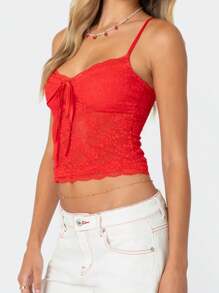 Women Floral Lace Trim Cami Tank Top Spaghetti Strap Backless Camisole Y2k Sleeveless Slim Fit Going Out Top Shirt - Red - View 3