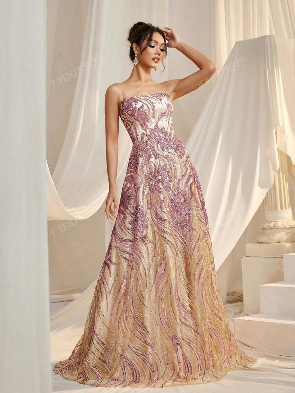 Faeriesty Gorgeous Elegant Gradient Floral Sequin Formal Party Dress With Back-Tied Strap & Floor-Length Hem | Luxury Evening Dress For Weddings, Galas, And Cannes Parties, Gown, For Wedding Guest