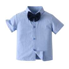 [2025 Frühling & Sommer Baby Jungen Party Outfit] Baby Jungen 3-teiliges Lässig Kurzarm Hemd Set, Formelle Party/Outdoor Auftritt Gentleman Stil, Hemd mit Kragen, Fliege & Weste Design, leicht & atmungsaktiv Kinderformalbekleidung, Frühlings- & Sommer-Party Bekleidung