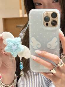 Funda de teléfono con diseño de lunares azules y alas, compatible con iPhone 17, 16, 15, 14, 13 Pro Max, con colgante suave de estrella azul, funda trasera suave y linda para niña