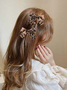 2pcs/12pcs Women's Vintage Brown Leopard Zebra Heart Print Ribbed Bow Hair Clips, Sweet Cute Bow Alligator Hair Clips, Suitable For Daily Casual Autumn/Winter Decorative Wear - Multicolor - View 3