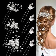 7pcs/Set Handmade White Pearl, Alloy Leaves & Flowers Decor Hairpin Set, Bridal Hair Accessories For Wedding Dress Elegant Valentine's Day Accessories