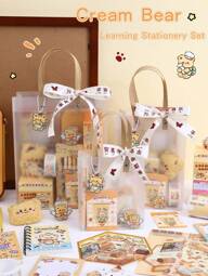 1 Juego de Caja de Regalo con Temática de Oso Crema, Paquete de Herramientas de Escritura, Hecho de Plástico Amarillo, Incluye Cuaderno, Bolígrafo y Accesorios, Adecuado para Estudiantes, Diarios y Regalos de Cumpleaños, de Vuelta a la Escuela, Útiles Escolares