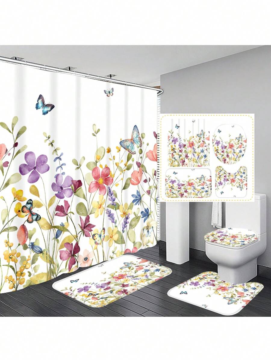 1 szt./4 szt. Kwiatowy wzór roślinny i liściasty wielofunkcyjny zestaw dekoracji łazienkowych, zawiera wodoodporną zasłonę prysznicową z 12 haczykami, matę antypoślizgową, matę podłogową w kształcie litery U, okrągłą pokrywę deski sedesowej, odpowiednią do całej łazienki Kwiaty na Dzień Matki, spersonalizowane prezenty dla mamy, prezenty na ostatnią chwilę, pomysły na Dzień Matki, prezenty na Dzień Matki, ręcznie robione kartki dla mamy, najlepsze prezenty na Dzień Matki poniżej 50 USD
