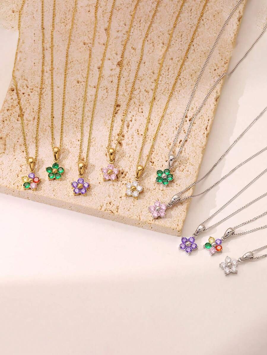 1pc 18K Gold Plated Stainless Steel Cubic Zirconia Flower Necklace, Suitable For Couples Everyday Wear