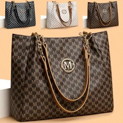 Vintage Geometric Tote Bag For Women - Large Capacity Synthetic Leather Shoulder Handbag With Golden-Tone Hardware, Herringbone Pattern & Letter "M" Design In Deep Brown/White/Black , Vintage Bag