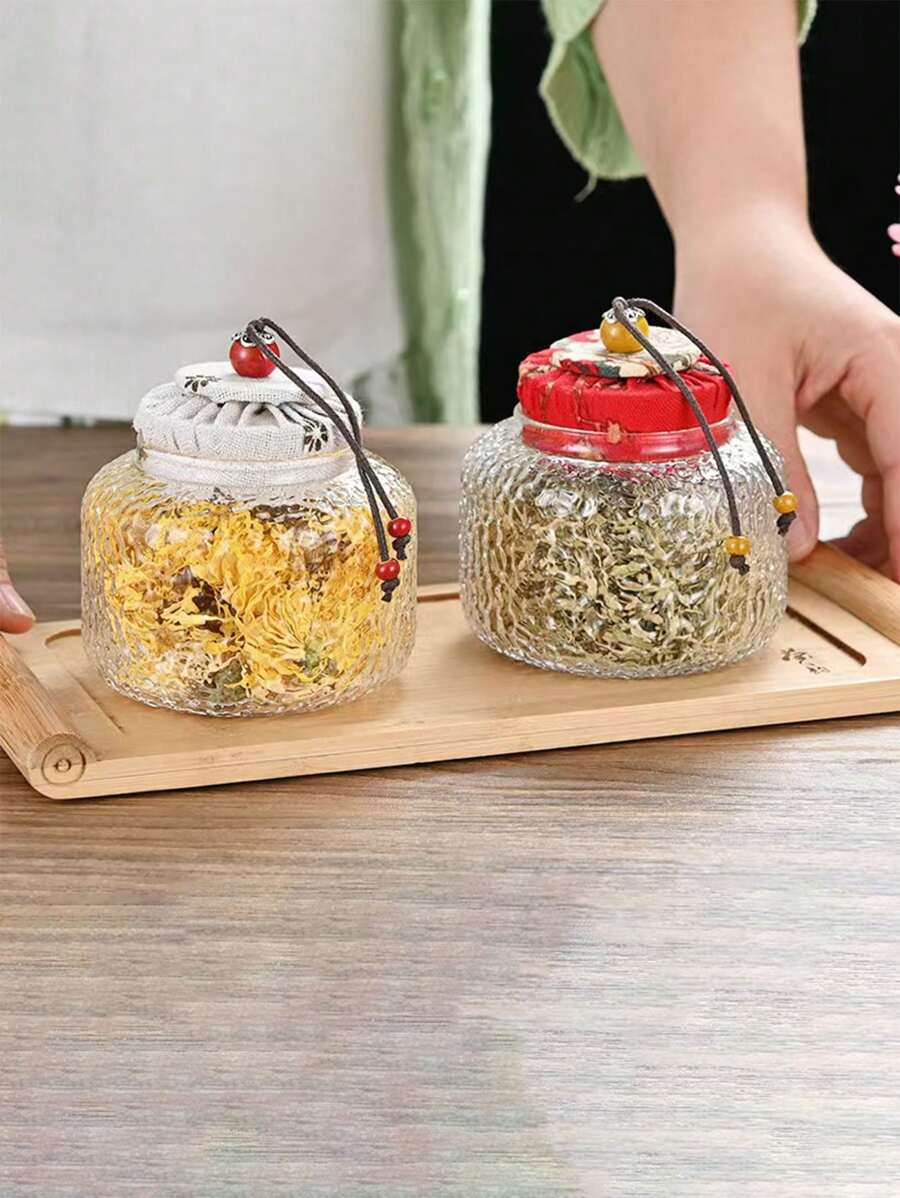 1pc Transparent Glass Tea/Candy/Grain Storage Jar With Hammer Texture Vintage Fabric Lid - Multicolor - View 1