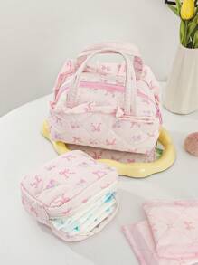 1Pc Pink Bow Knot And Floral Pattern Quilted Multifunctional Cosmetic Organizer Handbag Bath Shower Wallet Pouch Portable Cosmetics Brush Storage Clutch With Zipper Closure For Lipstick, Brush, Skincare, Mobile Phone, Coin, Small Items, For Home, Travel, Vacation And School Use,Makeup Bag Makeup Travel Essentials Travel Accessories Travel Must Haves