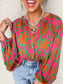 Acelitt 玫瑰红花卉印花蝙蝠袖宽松衬衫