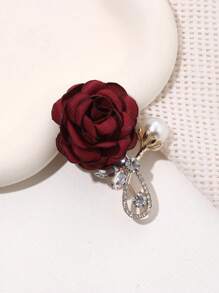 1pc Unisex Burgundy Flower Brooch With Pearl & Rhinestone Decor, Wedding Groom Bride Bridesmaid Groomsman Accessory, Suitable For Parties, Gatherings, And Daily Wear,Elegant,Party - Multicolor - View 2