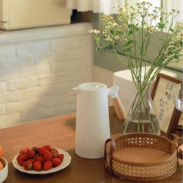 [Nordic Ins Style] 1L Large Capacity Thermal Insulation Water Bottle, 24H Long-Lasting Cooling & Heating, Double-Layer Vacuum Glass Liner Household Hot Water Bottle, Portable Leak-Proof Office Water Kettle, Wooden Handle No Electricity Required, Suitable For Hot & Cold Drinks, RV Camping Picnic Office Travel Coffee Pot