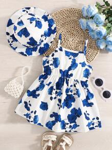 2pcs Baby Girl Casual Floral Print Dress + Hat Set, Summer - Blue - View 2
