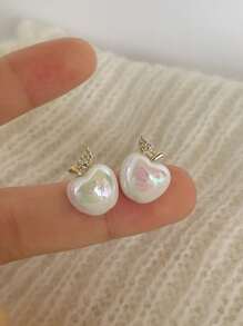 A Pair Of Cute Gold - Plated Rhinestone - Decorated Apple - Shaped Pearl Stud Earrings For Women Daily Wear