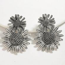 1 件女士金色菊花双层金属耳环，简约田园风格，适合夏季日常佩戴