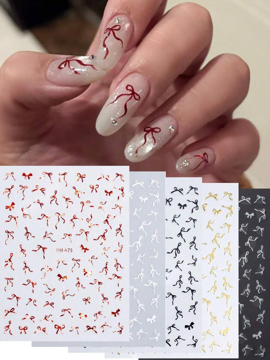 FULL BEAUTY 婚礼指甲浪漫红色蝴蝶结丝带美甲贴纸，黑白金银色蝴蝶结自粘贴花，自粘式 DIY 美甲用品，法式美甲和美甲饰品美甲装饰品