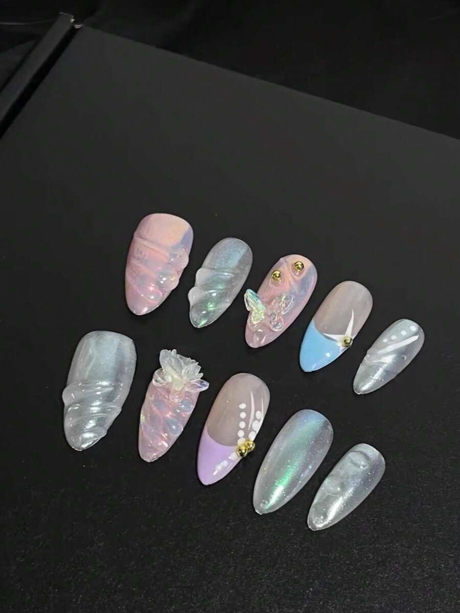 10件美甲，2025夏季新款蓝粉色立体雕花蝴蝶结手工按压可拆卸法式杏仁佩戴指甲，适合女孩和女士在节日或特殊场合佩戴美甲用品指甲 - Follow Your Heart - 查看 1