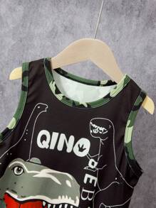 2pcs Kids Camouflage Dinosaur Print Tank Top And Shorts Set, Thin Undershirt Outerwear Top And Outdoor Sports Running Shorts, Sleeveless Vest For Boys Aged 4-12