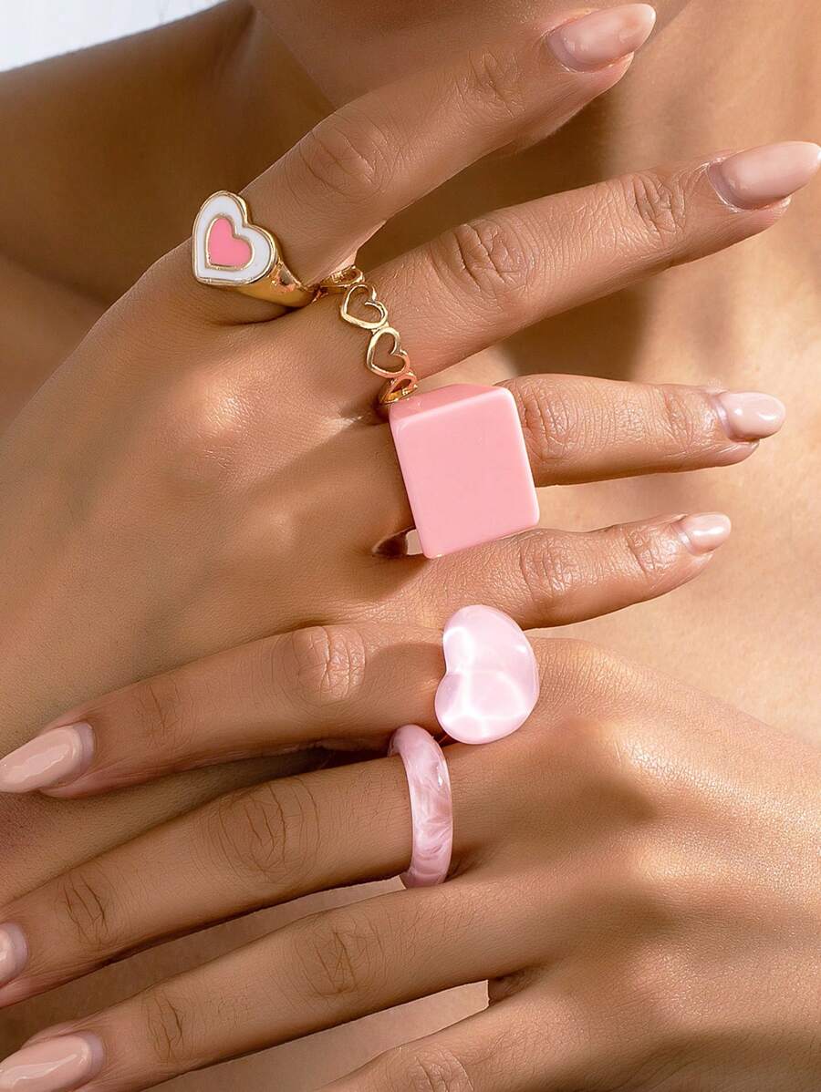 5 件彩色树脂心形戒指，女士时尚首饰套装，适合约会、母亲节、节日、海滩派对、礼物