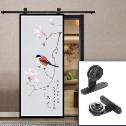 200cm Barn Door Hanging Rail Pulley Set (T-Shaped Hook) Single Door Set Black