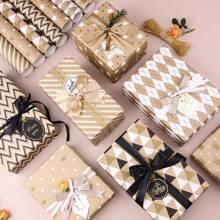 1 set de papiers cadeaux élégants et minimalistes avec motifs de carreaux et de rayures, avec impression dorée
