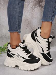 秋冬新款网眼休闲女式运动鞋，透气时尚百搭女士厚底坡跟运动鞋 - 黑色 - 查看 6