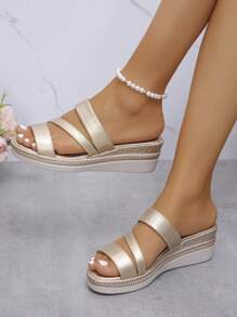 Sandalias de mujer, sandalias de moda de verano para mujer, sandalias doradas, cuña de plataforma gruesa, para uso en interiores y exteriores, chanclas de punta redonda con suela gruesa, calzado femenino