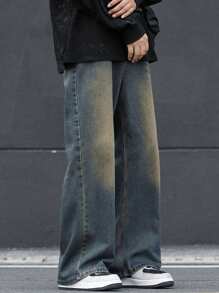 Teenaged Boys' Casual Wide Leg Straight Jeans With Cat Whiskers Design, Loose Fit Denim Pants For Youth And Pre-Teens