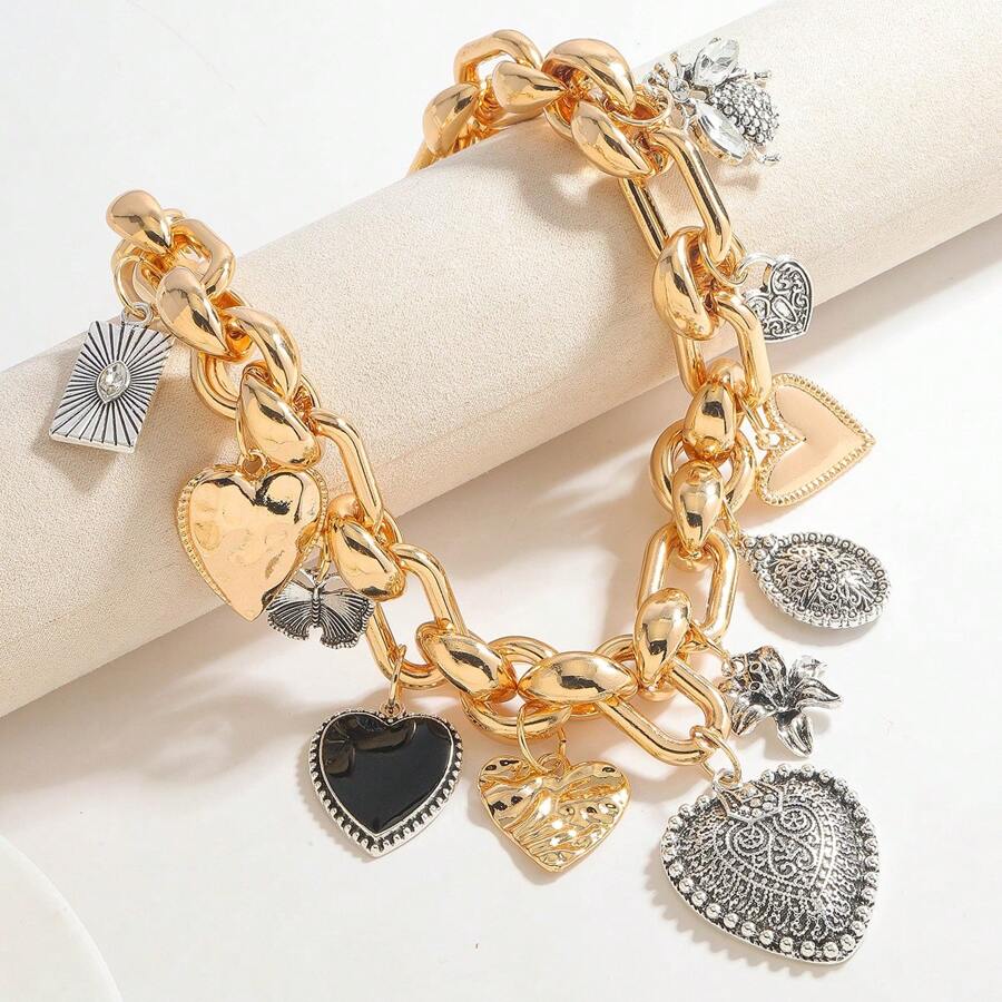 1pc feminino coração e borboleta vários pingentes colar de corrente, adequado para uso diário gótico - Multicolorido - Ver 1