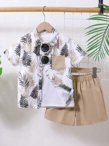 4pcs/Set Toddler Boys Casual Plain Color Short Sleeve Cardigan & Shorts Set, Suitable For Party, Leisure, Vacation, Outdoor, Home Wear, Summer - 卡其色 - 查看 1