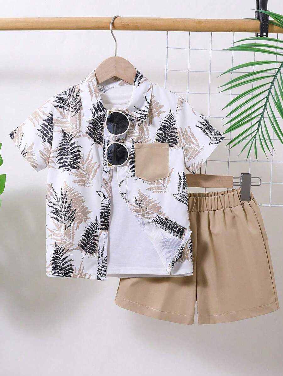 4pcs/Set Toddler Boys Casual Plain Color Short Sleeve Cardigan & Shorts Set, Suitable For Party, Leisure, Vacation, Outdoor, Home Wear, Summer - 卡其色 - 查看 1