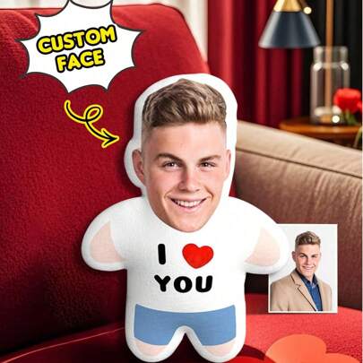 Custom "I Love You" Photo Pillow - Personalized Face Plush, Knitted Fabric, Expressive Love Gesture Design With Heart Detail, Ideal For Couples And Home Decor, Romantic Home Decor | Playful Design | Knitted Texture, Decorative Pillows,Custom,Personalized,Customized,Unique