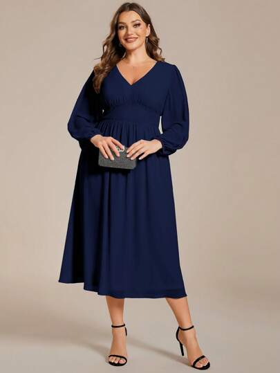 EVERPRETTY 大码优雅 V 领灯笼袖伴娘礼服中长款蓝色礼服