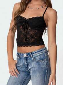 Women's Lace Cami Tops Sleeveless Spaghetti Strap Tie-Up Front Floral Cropped Camisole Shirts - màu đen - Xem 3