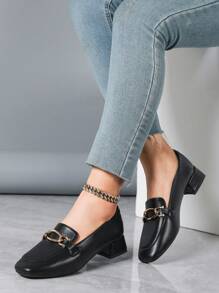 Women's Black Chunky Heel Casual Versatile Work Shoes, Fashion Square Toe Loafers For Spring, Autumn, Winter