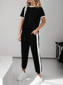 SANOPY Womens 2 Piece Outfits  Summer Tracksuit Sets Short Sleeve Tops Long Pants Jogger Lounge Set - 黑色 - 查看 1