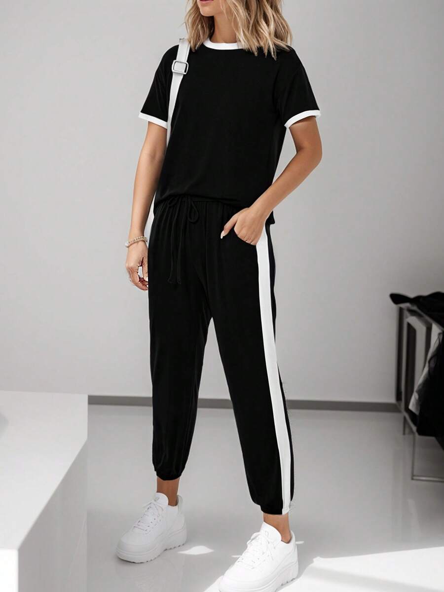 SANOPY Womens 2 Piece Outfits  Summer Tracksuit Sets Short Sleeve Tops Long Pants Jogger Lounge Set - 黑色 - 查看 1