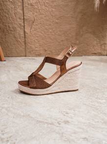 女士编织坡跟凉鞋，绳绣露跟露趾高跟鞋，时尚夏季派对和假日厚底凉鞋