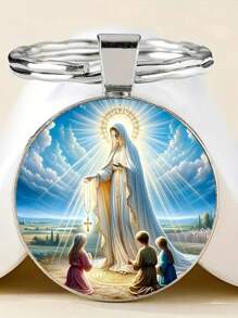Virgin Mary Glass Pendant Keychain - Alloy, Round Design, Praying Cross - Suitable For Men & Women, Christian Fashion Accessory For Daily Wear And Parties Car Accessories Bag Charm