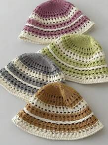 1pc Women's Breathable Bucket Hat, Hollow Striped Sun Protection Hat For Spring/Summer, Suitable For Outdoor Activities, Leisure, And Fashion - Multicolor - View 5