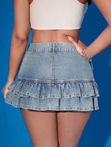 Vintage Niche Ruffled Hem Denim Mini Skirt, Summer Fashion, Ruffled Hem Denim Skirt, Suitable For Beach Vacations, Pride Outfits, Fourth Of July Outfits, Club Outfits For Women - Blue - View 2