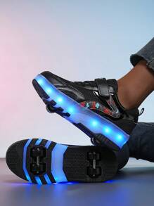 BLSART New Kids' 4-Wheel Retractable LED Light-Up Roller Shoes, Rechargeable Hidden Wheels, Colorblock Leather Hook-And-Loop Strap, Daily Commute Flashing Skating Sports Shoes For Boys And Girls - Black - View 2