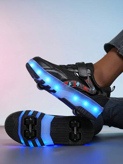 儿童LED发光鞋，闪光轮滑鞋，四轮设计，可充电，可调节，皮革材质，撞色魔术贴，四季皆宜的运动鞋，尺码偏小一码