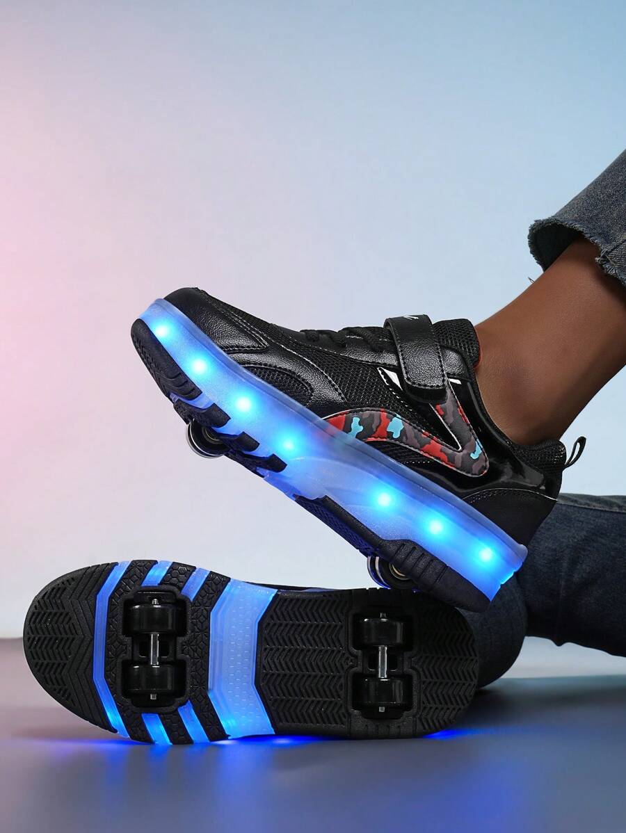 BLSART New Kids' 4-Wheel Retractable LED Light-Up Roller Shoes, Rechargeable Hidden Wheels, Colorblock Leather Hook-And-Loop Strap, Daily Commute Flashing Skating Sports Shoes For Boys And Girls
