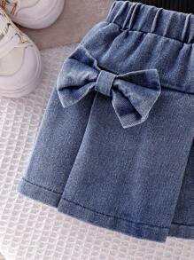 Baby Girl 3pcs Set: Black Ribbed Cap Sleeve Shirt, Butterfly Decor Elastic Waist Denim Skirt And Hair Tie Suit