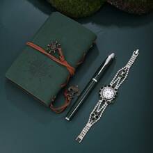 3 Stücke elegantes & luxuriöses Damen Uhren-Set mit Notizbuch & Stift, ideal als Geschenk zum Muttertag, Lehrertag, Erntedankfest, Schulbeginn