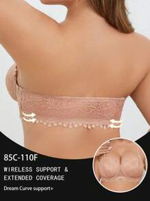 Plus Size Women Side Buckle Lace Patchwork Wireless Comfort Tube Lingerie Bra With No Underwire, Enhancing Back Design - Apricot - View 2