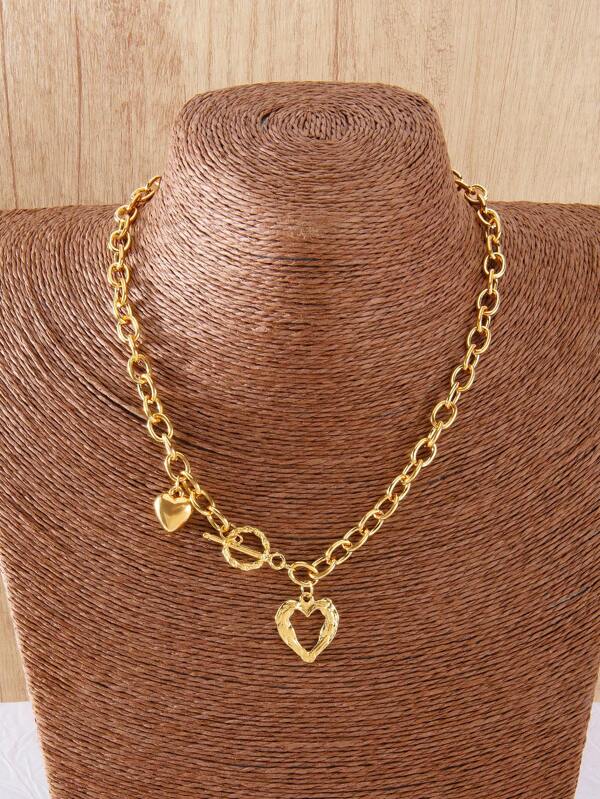 1pc French Style Stainless Steel Hollow Heart Pendant Necklace, Gold Plated, Suitable For Daily Wear, Women