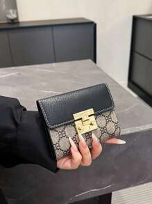 New Women Flower Print Short Wallet Anti-Theft Card Holder Pouch Purse Gold Square Lock Clasp Fashion Casual Coin Purse Multi-Card Slots For Women Wallet Mini Wallet Purse Wallet Small Wallet